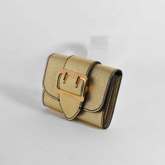 Burberry Metallic Gold Leather Compact Wallet with Buckle Detail New Coin/Card - Picture 2 of 9